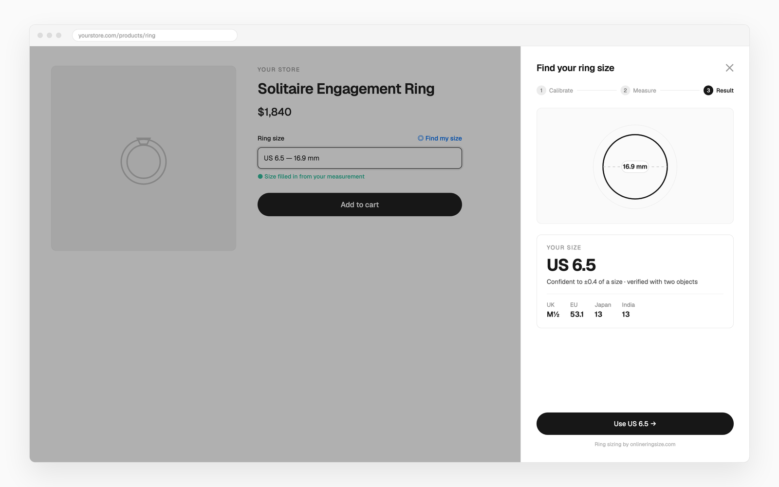 A ring sizer drawer open over a jewellery product page. It shows a measured inside diameter of 16.9 mm, a result of US 6.5 with a stated accuracy of ±0.4 of a size, conversions to UK M½, EU 53.1, Japan 13 and India 13, and the size filled into the store's own size dropdown.